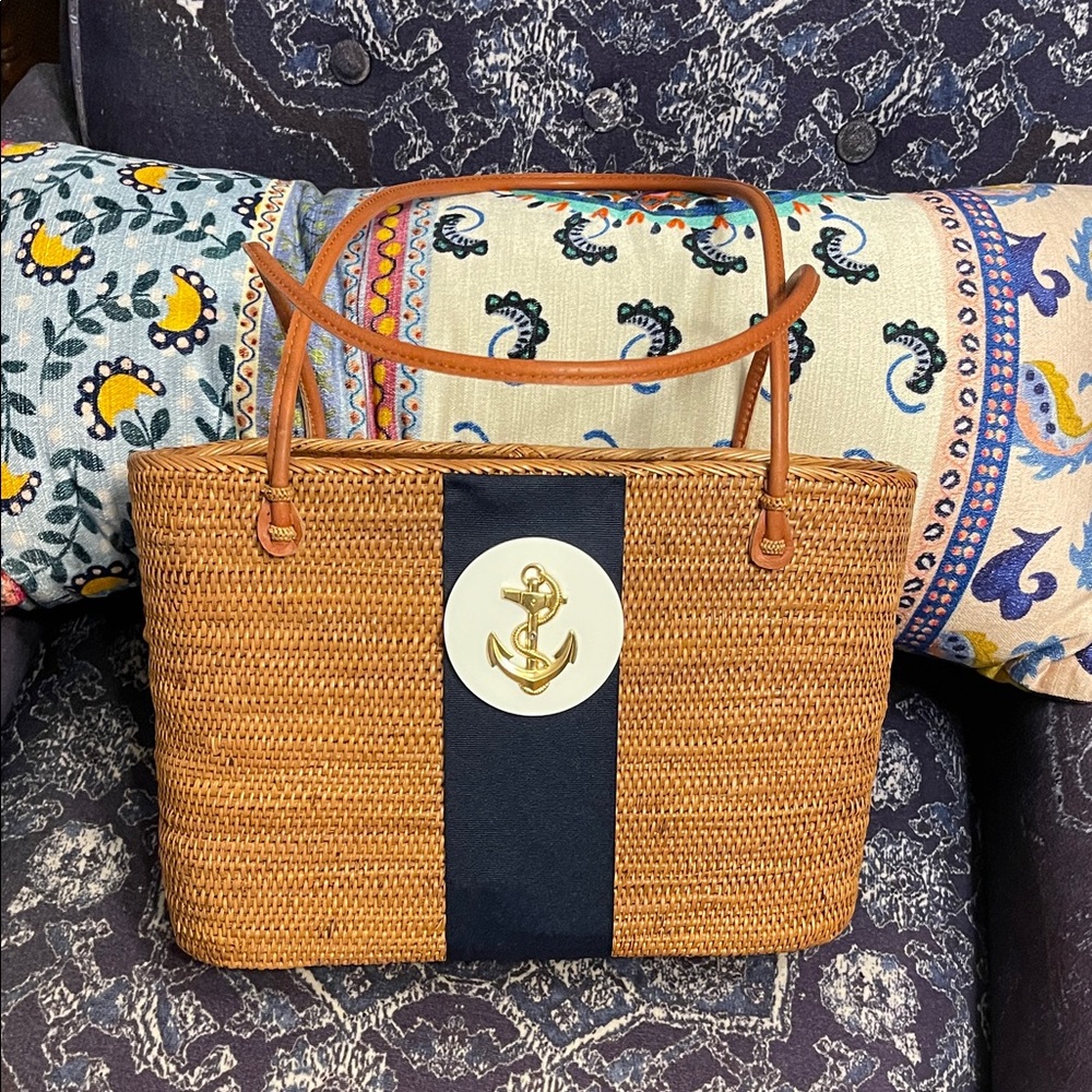 Elegant Anchor Woven Tote Bag - Brown and Navy